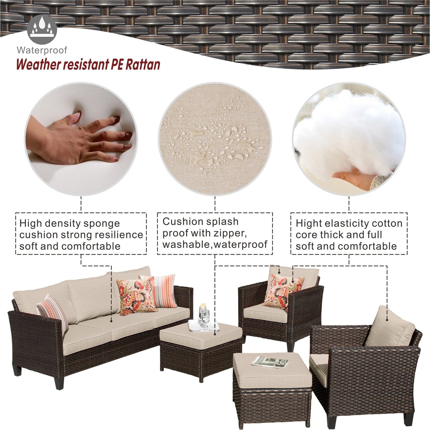 Ensemble de 5 sièges de jardin à dossier haut en osier OVIOS