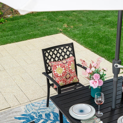 Ensemble de salle à manger de patio 6 pièces MAISON ARTS avec parasol à inclinaison automatique à 3 niveaux de 10 pieds : 4 chaises d'extérieur en métal et 1 table à manger carrée en métal