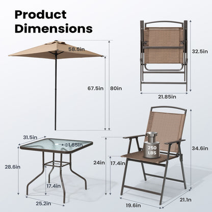 Ensemble de patio Pellebant 6 pièces avec table, parasol et 4 chaises pliantes - 22,4 L x 26,8 P x 34,4 H