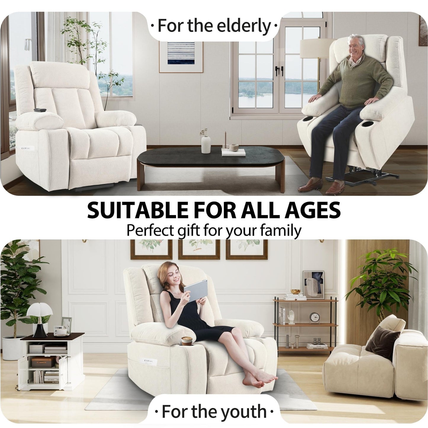 Fauteuil releveur électrique pour personnes âgées, en tissu, avec repose-pieds allongé, 2 porte-gobelets, poches latérales et télécommande.