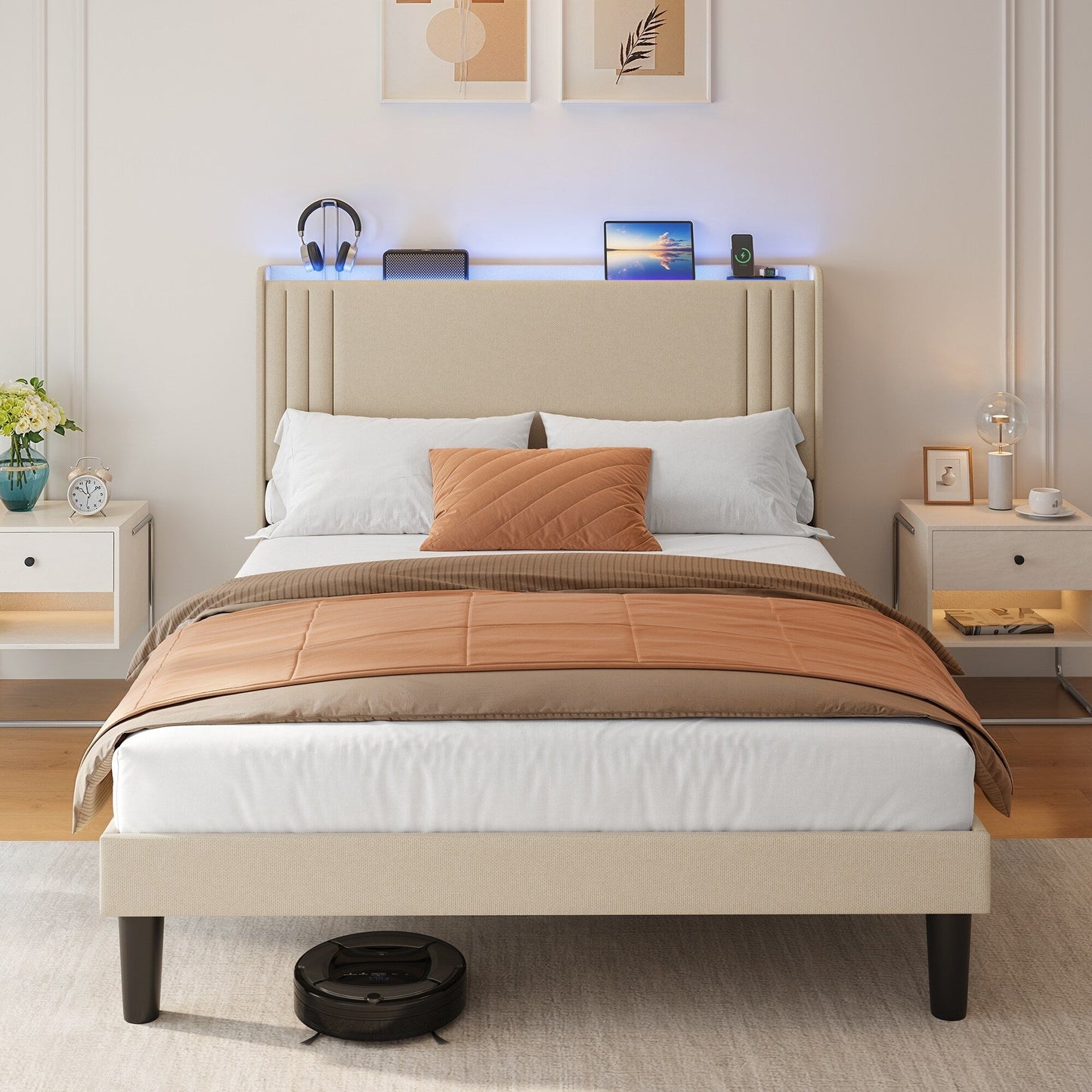 Lit Queen/Full rembourré à canaux verticaux avec tête de lit à oreilles