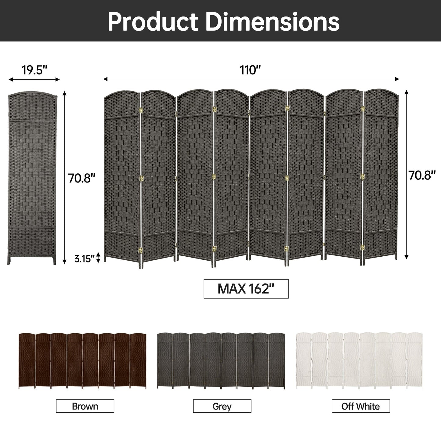 Paravent de séparation de pièce de 6 pieds de haut en fibre tissée, écran de confidentialité autoportant, écran pliant