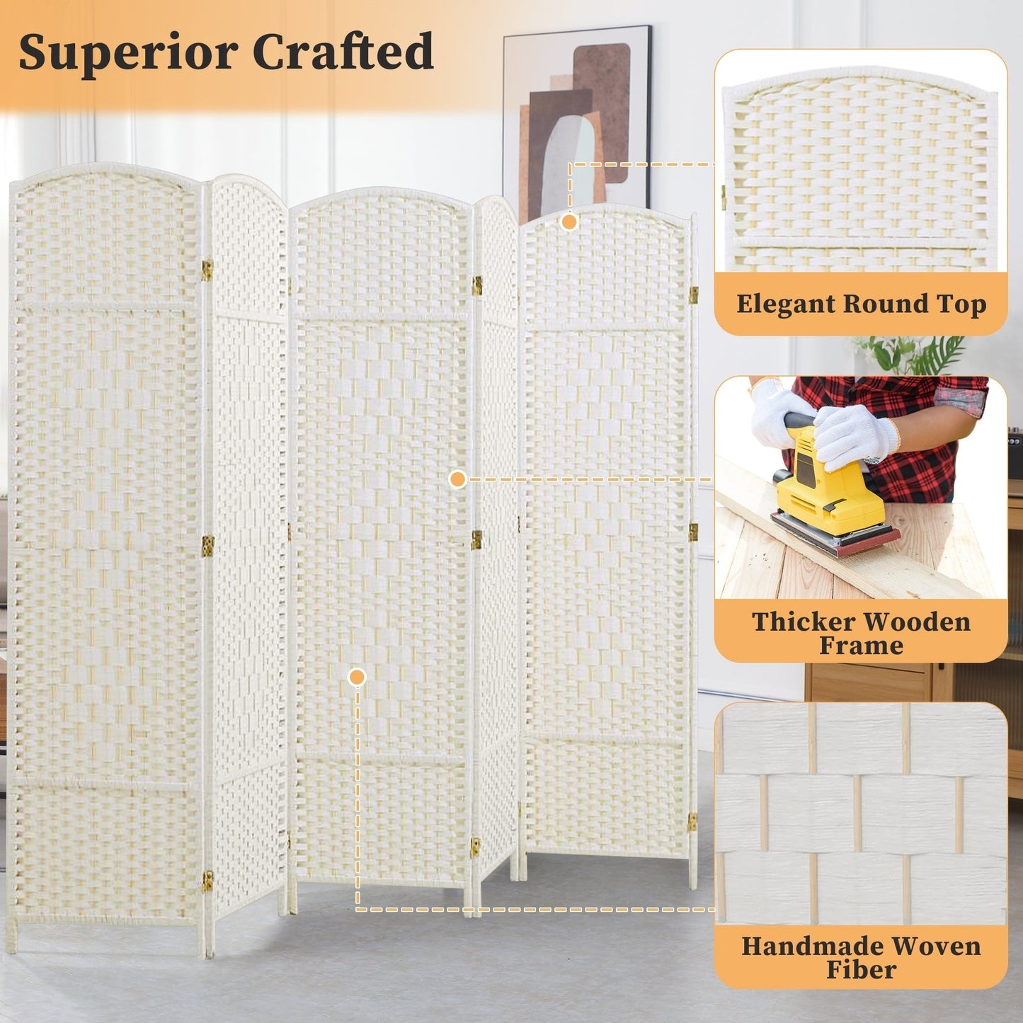 Paravent de séparation de pièce de 6 pieds de haut en fibre tissée, écran de confidentialité autoportant, écran pliant