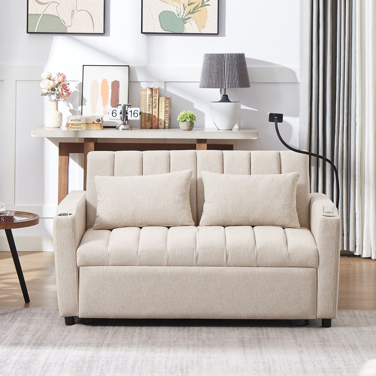 Canapé-lit convertible Roomfitters avec ports USB, poches latérales, porte-gobelets et support de téléphone pivotant pour le salon