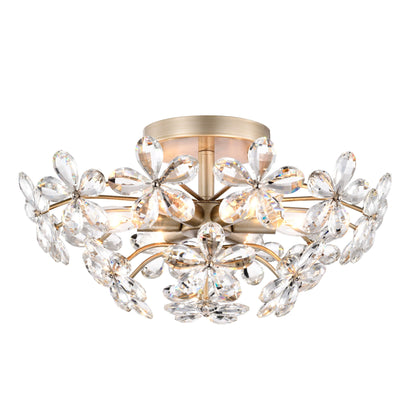 Plafonnier Rosa à 6 lumières en cristal argenté brossé avec fleur de champagne - 17,7 pouces de diamètre x 8,7 pouces de hauteur