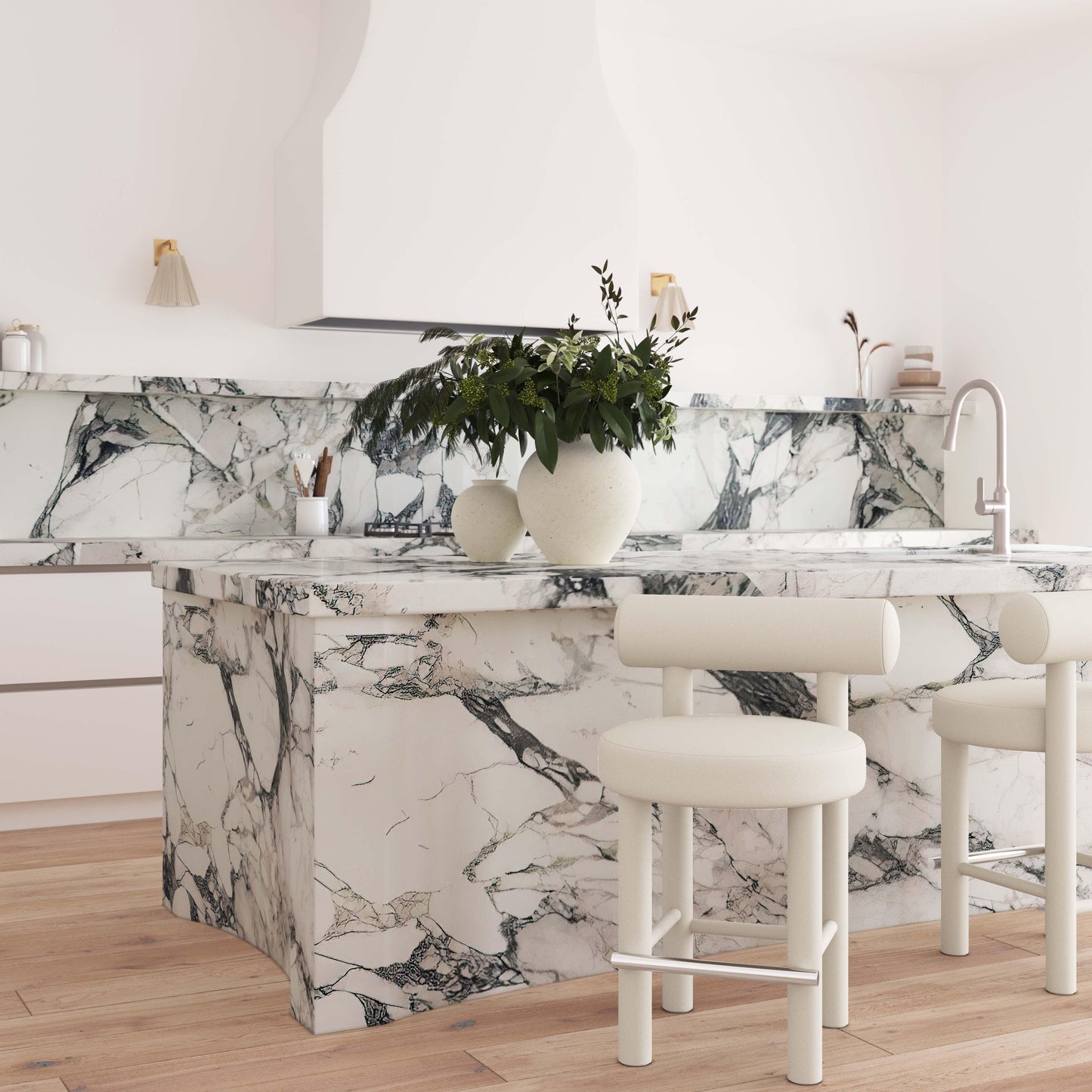 Tabouret de bar Arch en velours blanc cassé