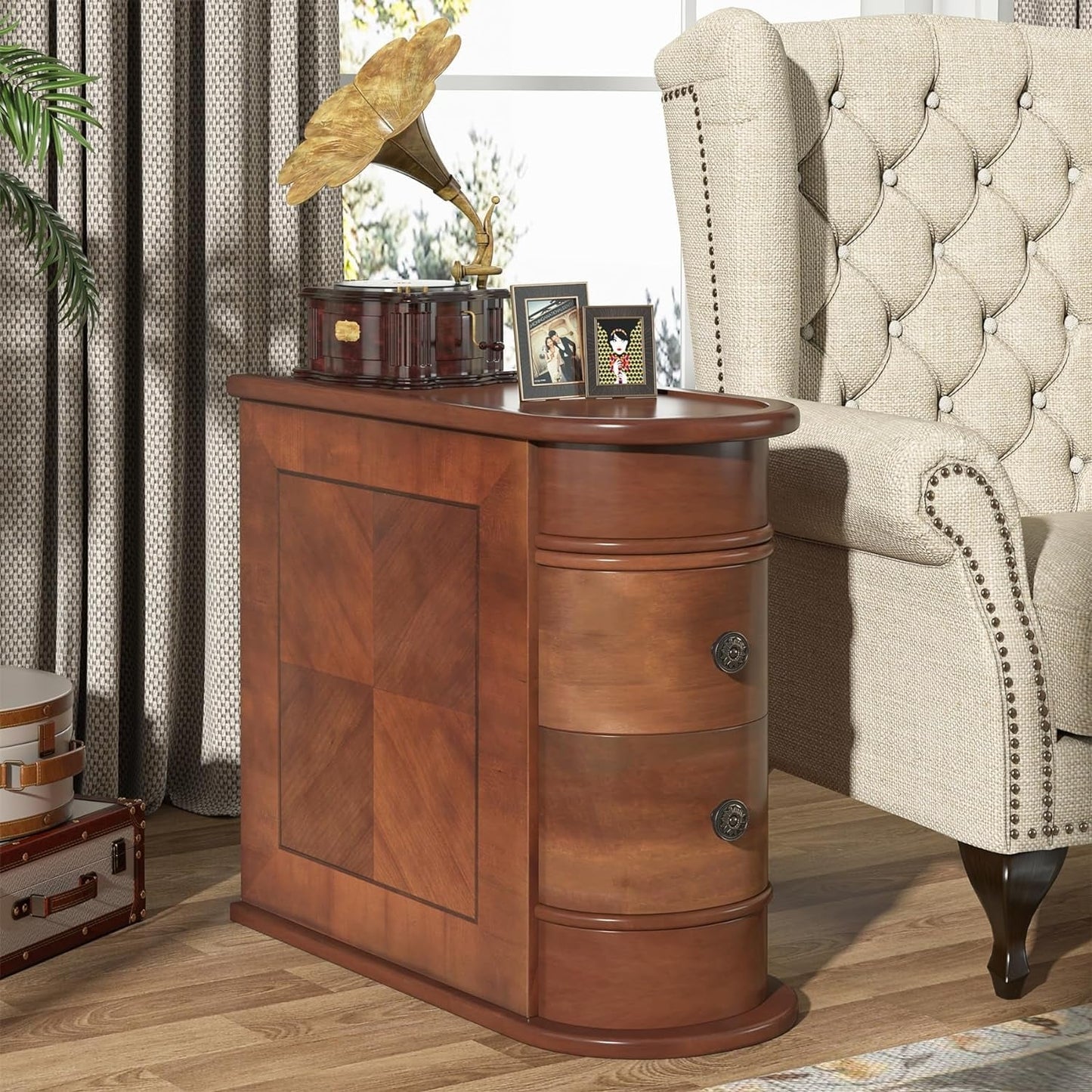 Table d'appoint étroite à deux tiroirs en bois massif