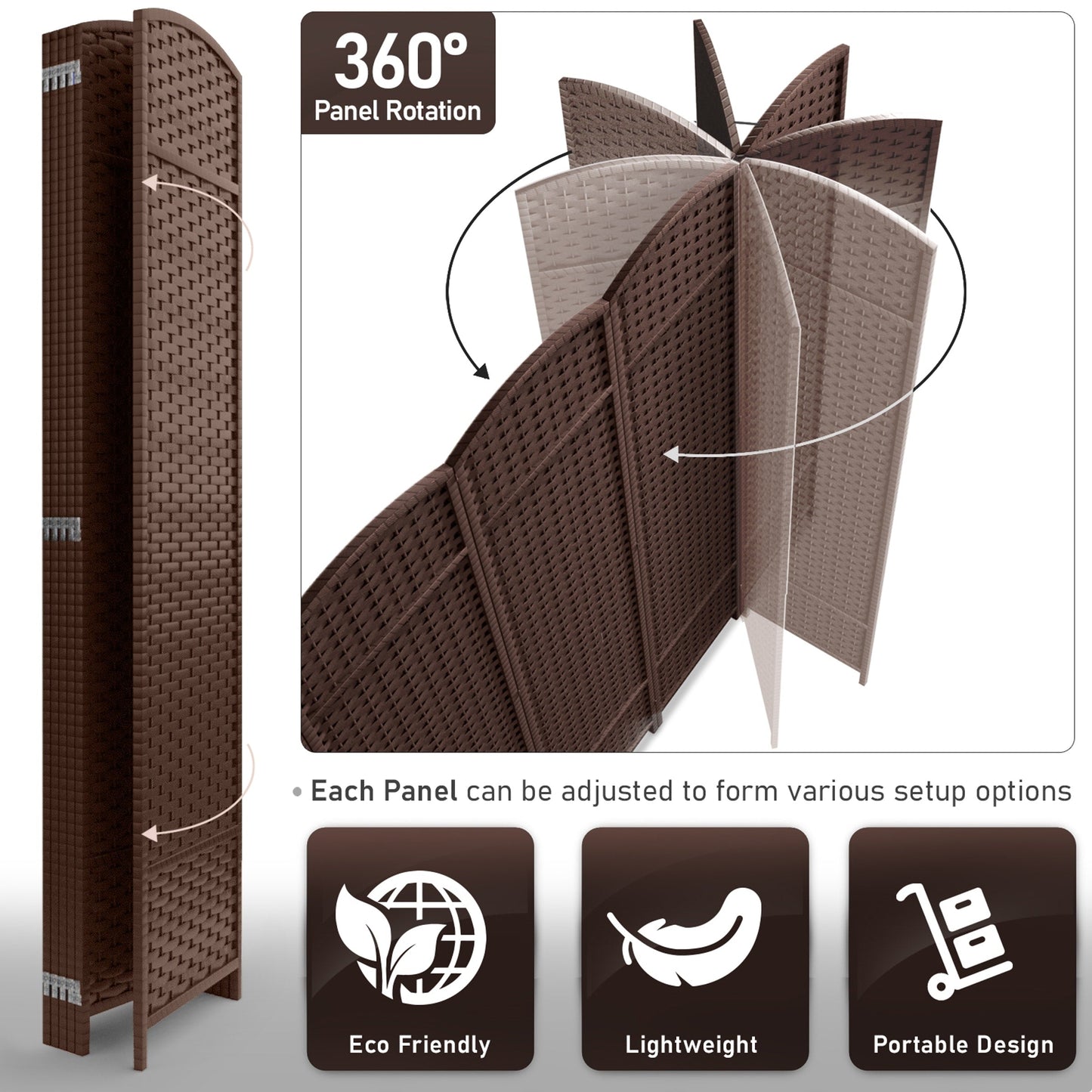 Séparateur de pièce Sorbus à 6 panneaux, cloison de séparation extra large et pliable, tissé à la main, à double charnière, en maille - 1,8 m