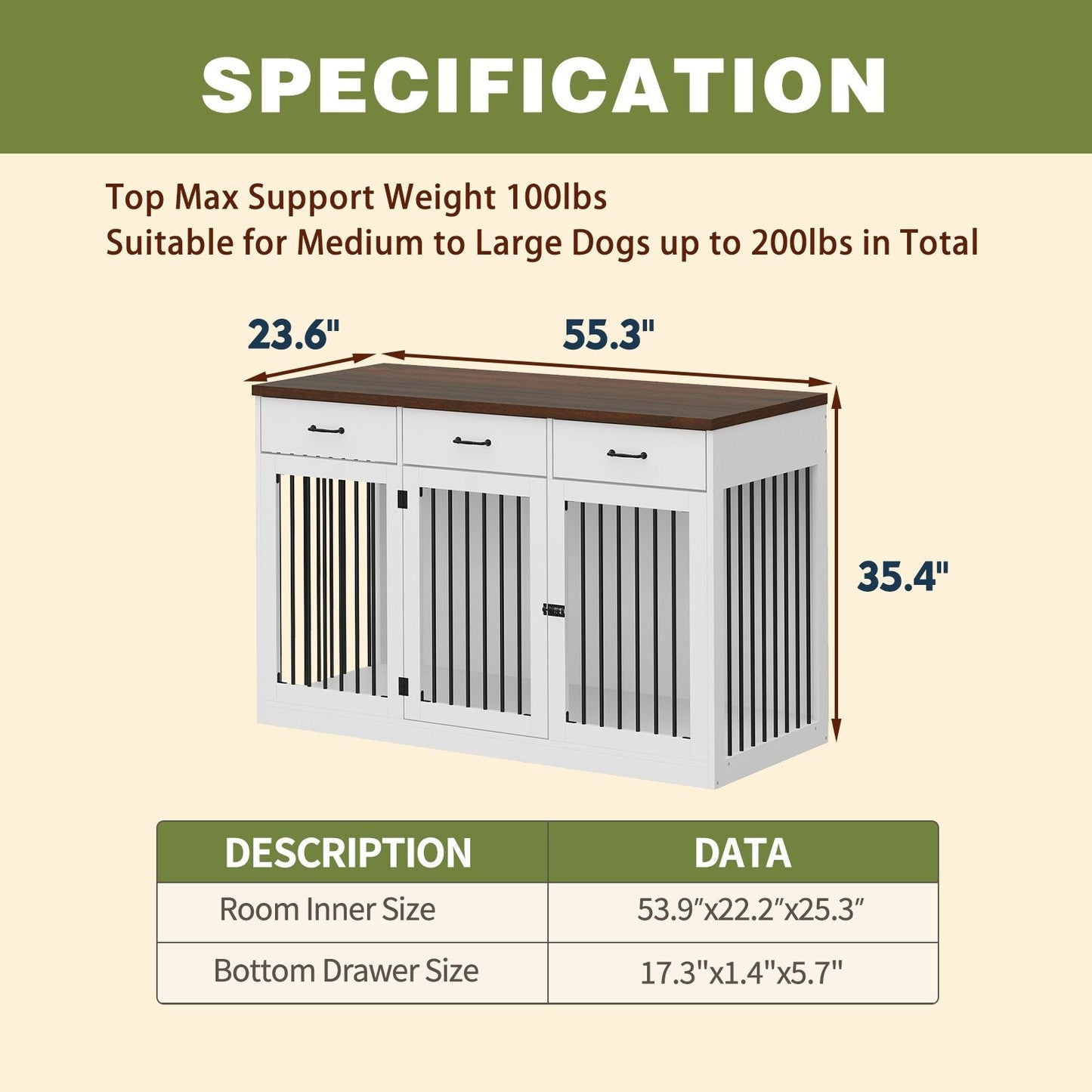 Élégant meuble en bois pour cage à chien avec rangement, 3 tiroirs