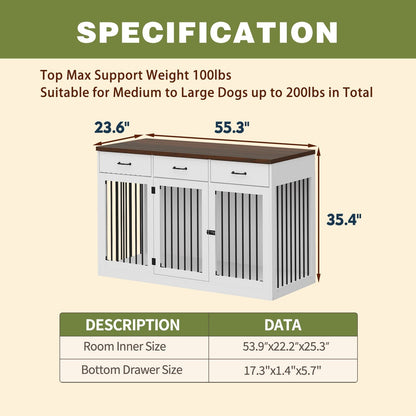 Élégant meuble en bois pour cage à chien avec rangement, 3 tiroirs