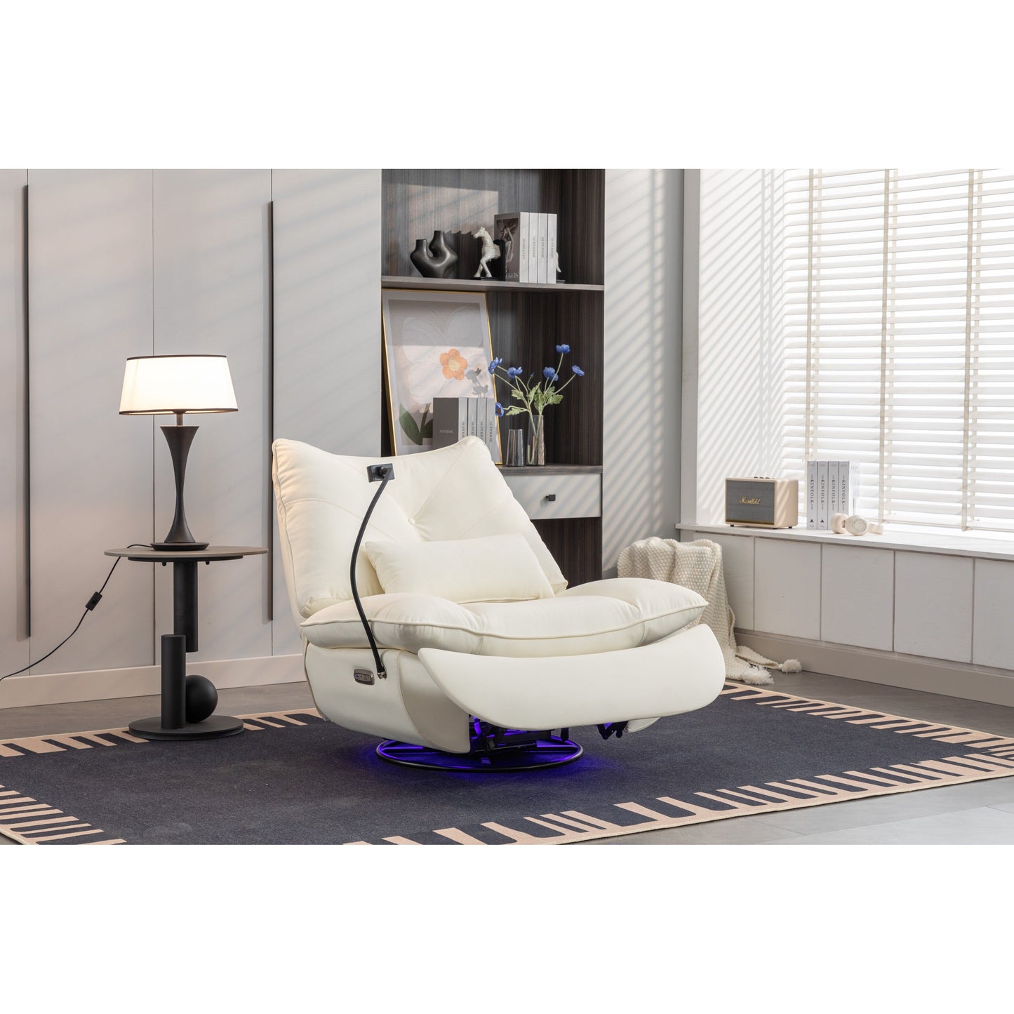 Fauteuil inclinable pivotant et électrique avec haut-parleurs Bluetooth, support de téléphone, ports de chargement USB et Type-C, rangement dissimulé des accoudoirs