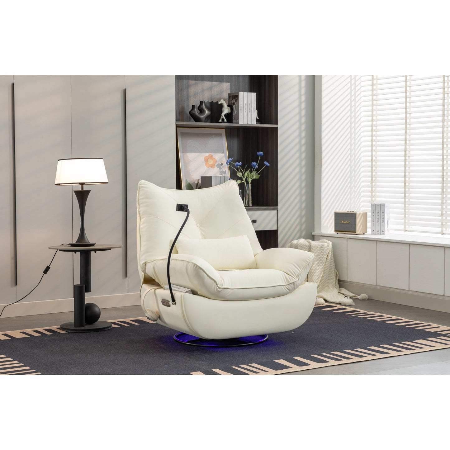 Fauteuil inclinable pivotant et électrique avec haut-parleurs Bluetooth, support de téléphone, ports de chargement USB et Type-C, rangement dissimulé des accoudoirs