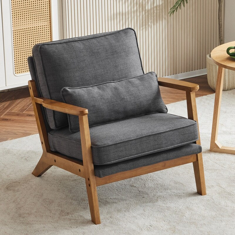 Fauteuil d'appoint rembourré en lin mélangé avec pieds en bois et un coussin beige
