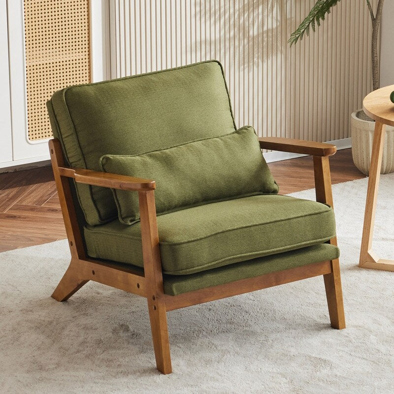 Fauteuil d'appoint rembourré en lin mélangé avec pieds en bois et un coussin beige