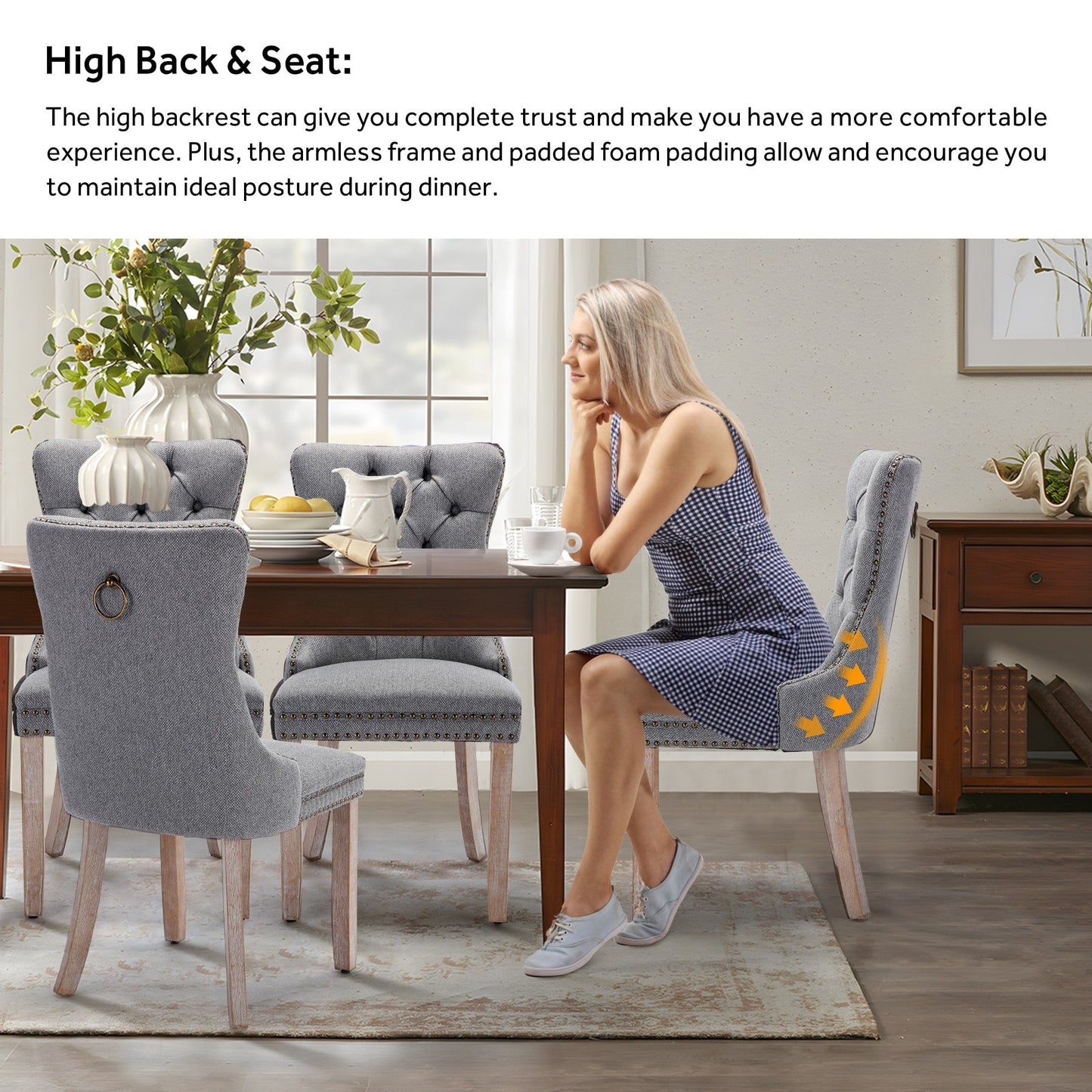 Chaise de salle à manger capitonnée en velours avec pieds en bois massif, lot de 6