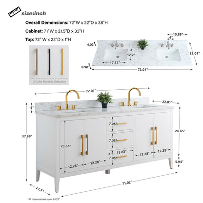 Meuble-lavabo double vasque Vanity Art 72 avec plateau en marbre reconstitué