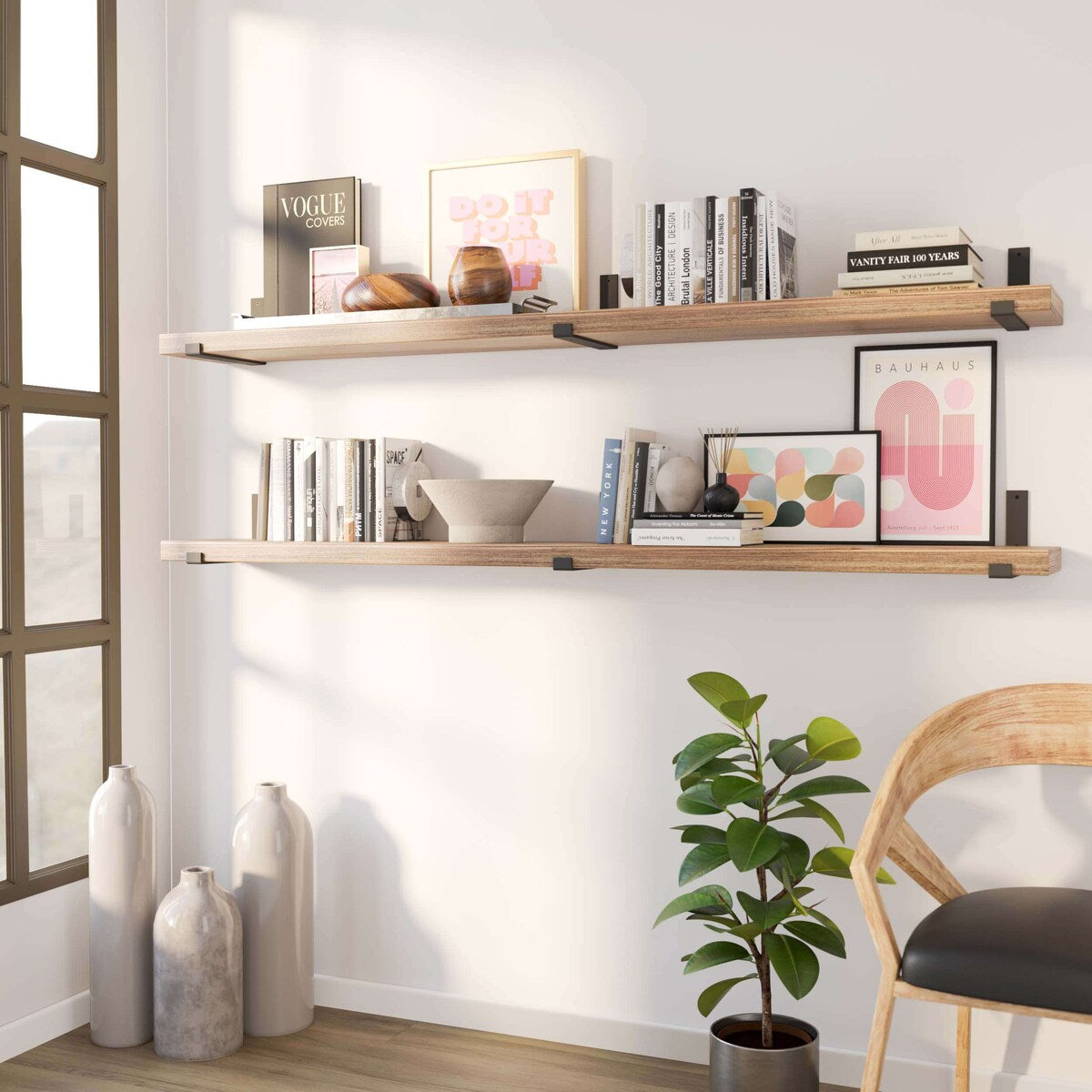 Étagères murales Forte 72 po, 2 pièces, bois brûlé