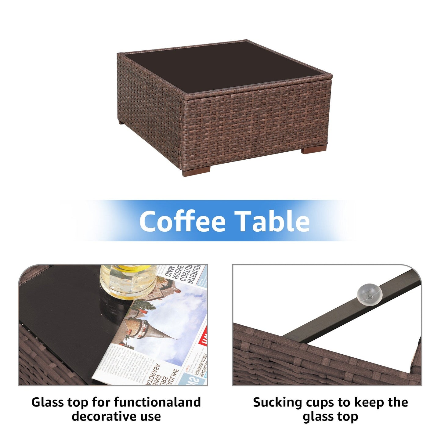 Ensemble de canapés d'extérieur sectionnels rembourrés en osier et acier, 7 pièces