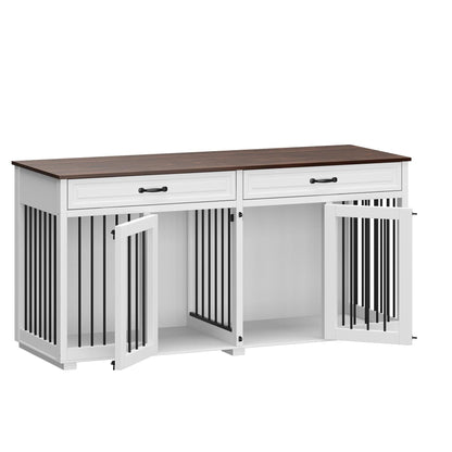 Cage double en bois pour chien avec 2 tiroirs et séparateur