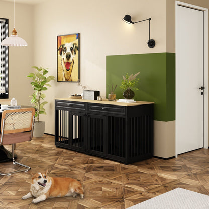 Cage double en bois pour chien avec 2 tiroirs et séparateur